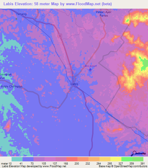 Labis,Malaysia Elevation Map