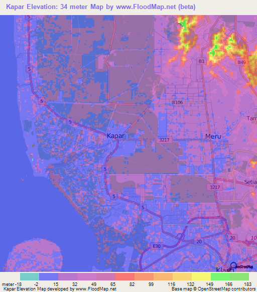 Kapar,Malaysia Elevation Map
