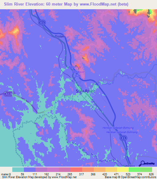 Slim River,Malaysia Elevation Map