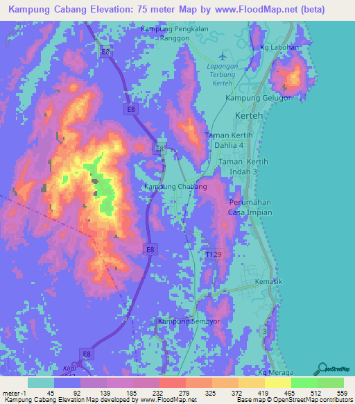 Kampung Cabang,Malaysia Elevation Map