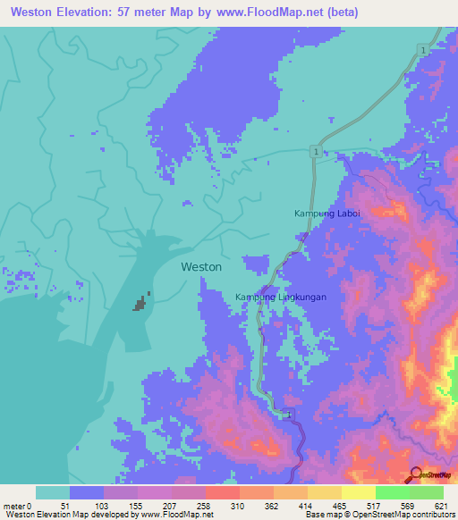 Weston,Malaysia Elevation Map