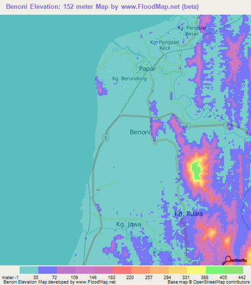 Benoni,Malaysia Elevation Map