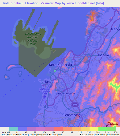 Kota Kinabalu,Malaysia Elevation Map