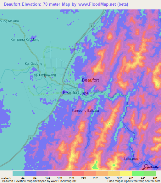 Beaufort,Malaysia Elevation Map