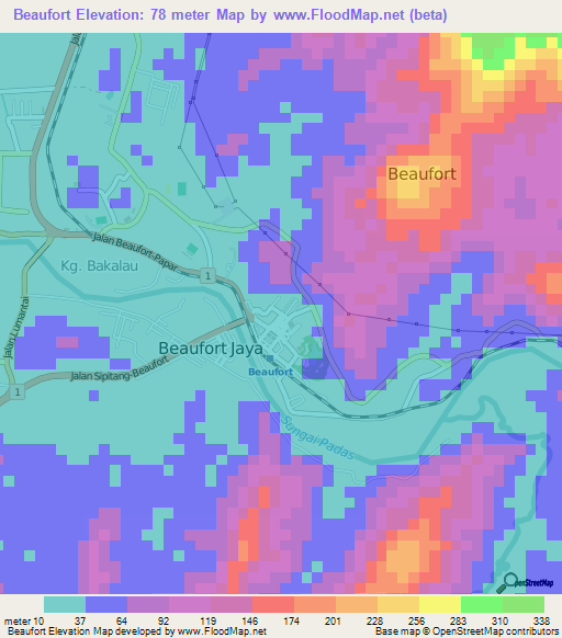 Beaufort,Malaysia Elevation Map