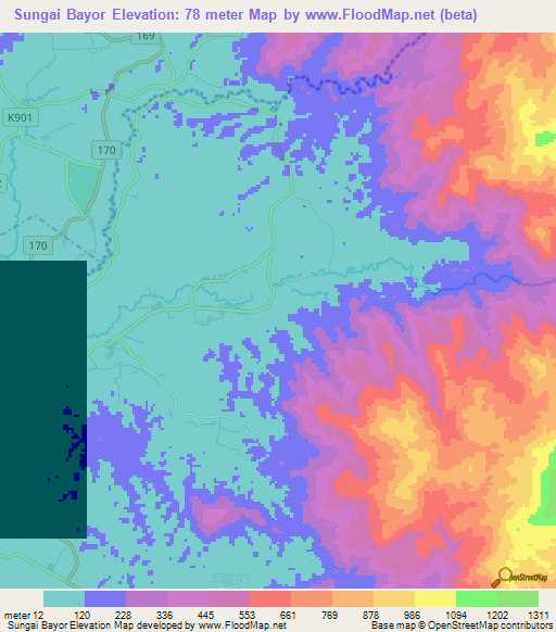 Sungai Bayor,Malaysia Elevation Map