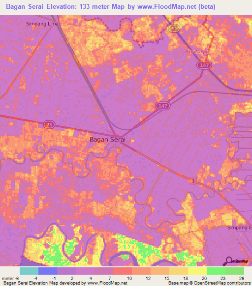 Bagan Serai,Malaysia Elevation Map