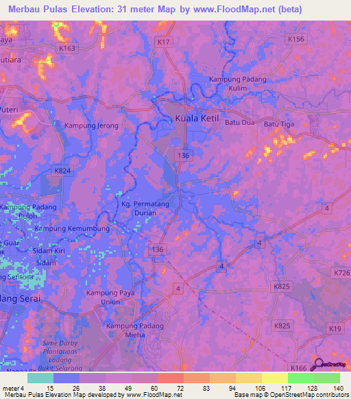 Merbau Pulas,Malaysia Elevation Map