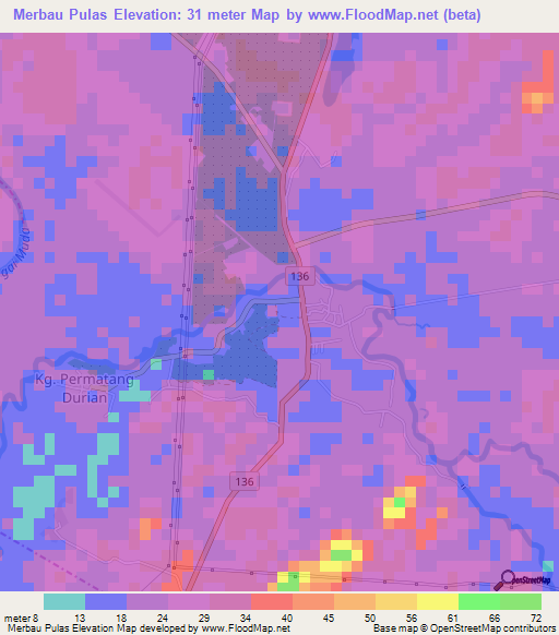 Merbau Pulas,Malaysia Elevation Map