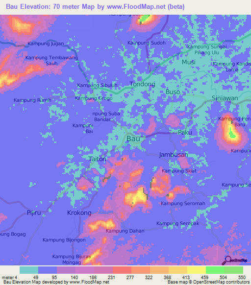 Bau,Malaysia Elevation Map