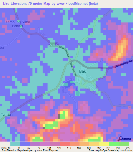 Bau,Malaysia Elevation Map