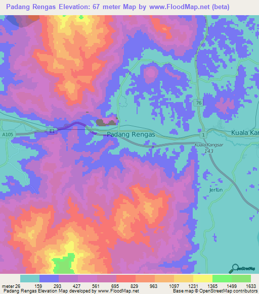 Padang Rengas,Malaysia Elevation Map