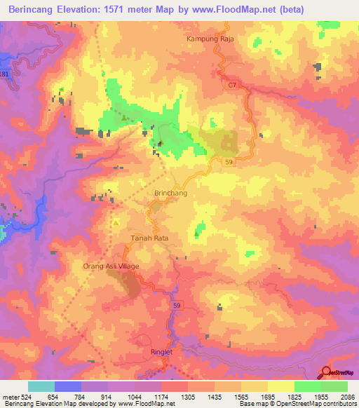 Berincang,Malaysia Elevation Map