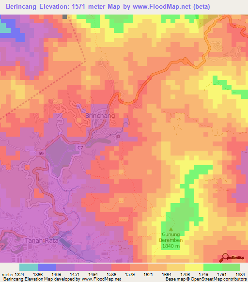 Berincang,Malaysia Elevation Map