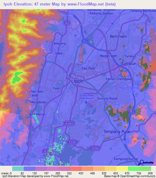 Ipoh,Malaysia Elevation Map