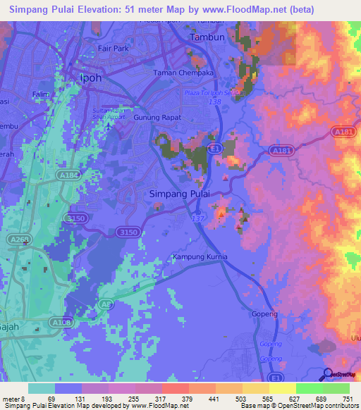 Simpang Pulai,Malaysia Elevation Map