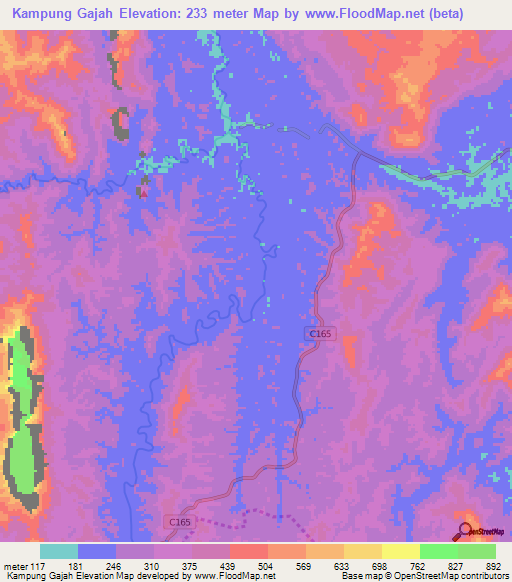 Kampung Gajah,Malaysia Elevation Map