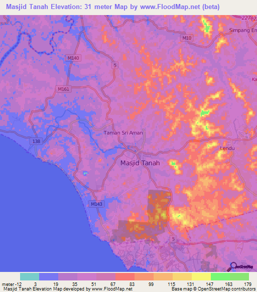 Masjid Tanah,Malaysia Elevation Map
