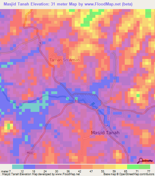 Masjid Tanah,Malaysia Elevation Map