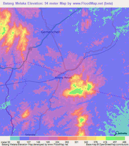 Batang Melaka,Malaysia Elevation Map