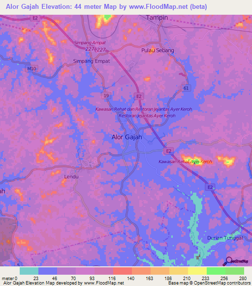 Alor Gajah,Malaysia Elevation Map