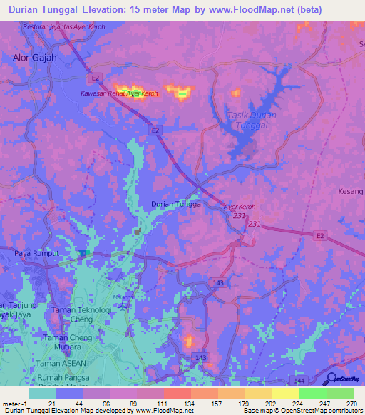 Durian Tunggal,Malaysia Elevation Map