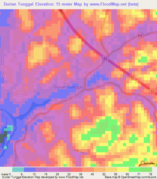 Durian Tunggal,Malaysia Elevation Map