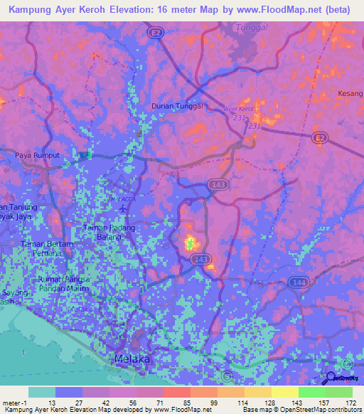 Kampung Ayer Keroh,Malaysia Elevation Map