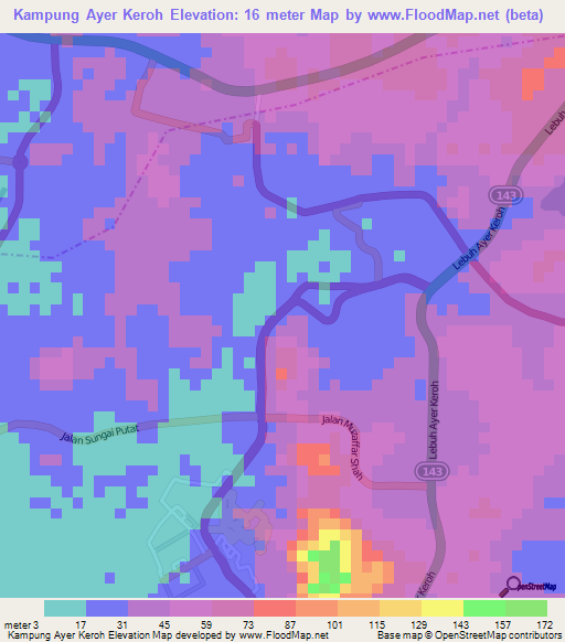 Kampung Ayer Keroh,Malaysia Elevation Map