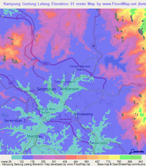 Kampung Gedung Lalang,Malaysia Elevation Map