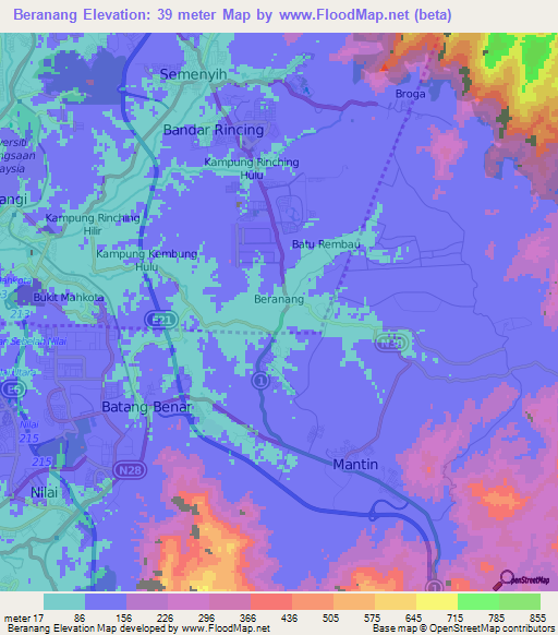 Beranang,Malaysia Elevation Map