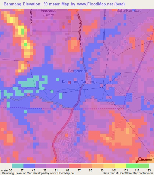 Beranang,Malaysia Elevation Map