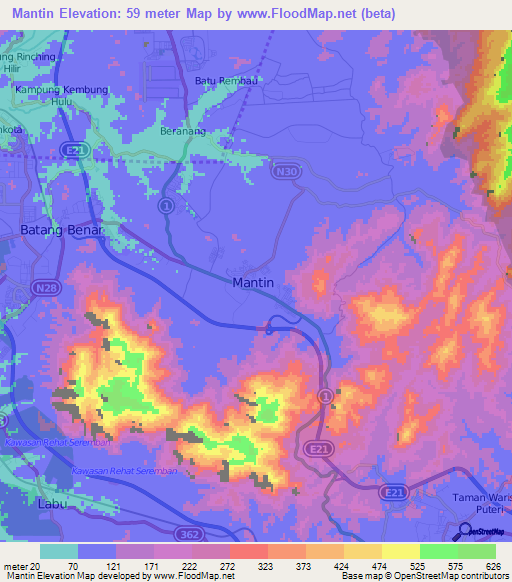 Mantin,Malaysia Elevation Map