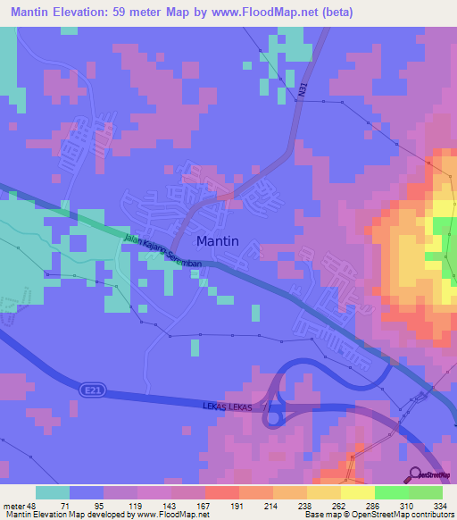 Mantin,Malaysia Elevation Map