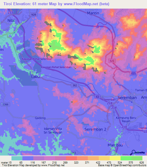 Tiroi,Malaysia Elevation Map