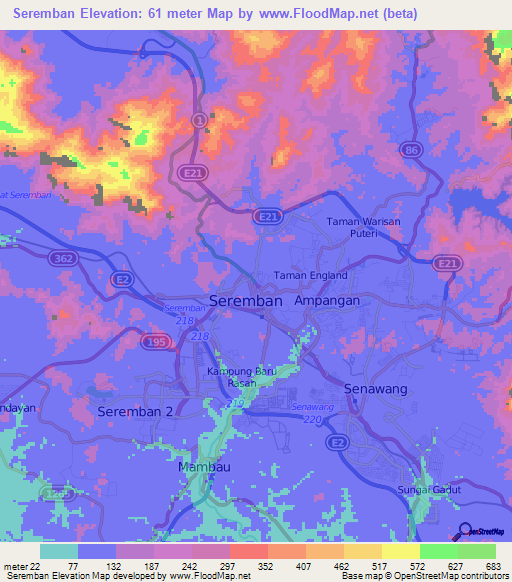 Seremban,Malaysia Elevation Map