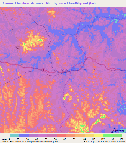 Gemas,Malaysia Elevation Map