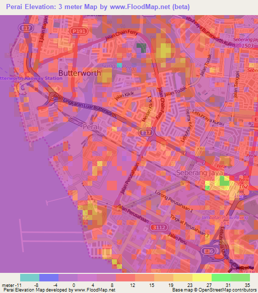 Perai,Malaysia Elevation Map