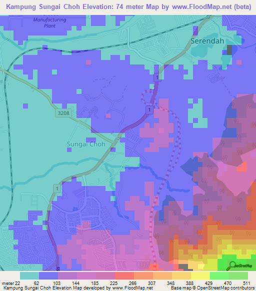 Kampung Sungai Choh,Malaysia Elevation Map