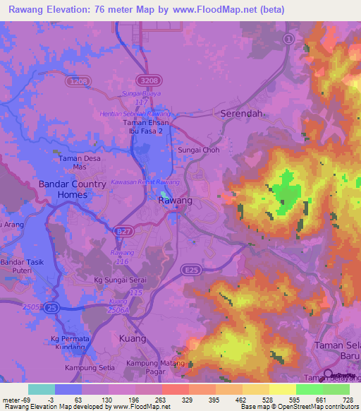 Rawang,Malaysia Elevation Map