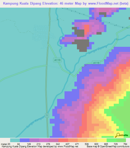 Kampung Kuala Dipang,Malaysia Elevation Map