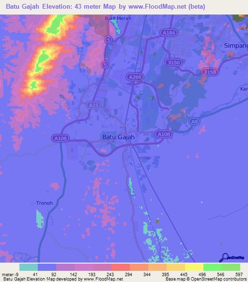 Batu Gajah,Malaysia Elevation Map