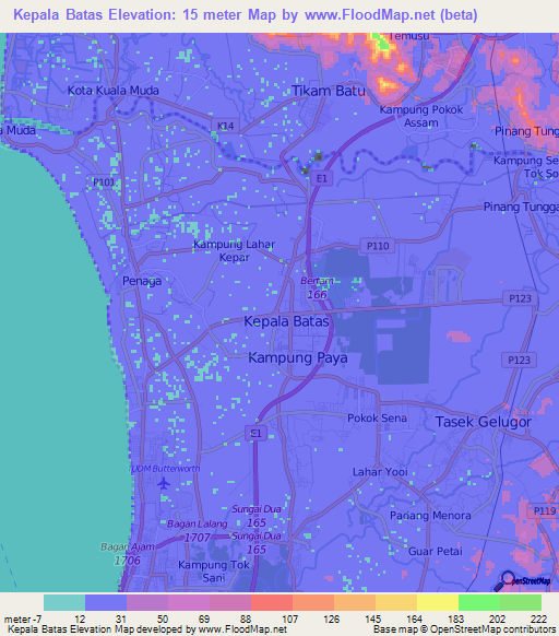 Kepala Batas,Malaysia Elevation Map