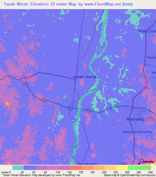 Tanah Merah,Malaysia Elevation Map