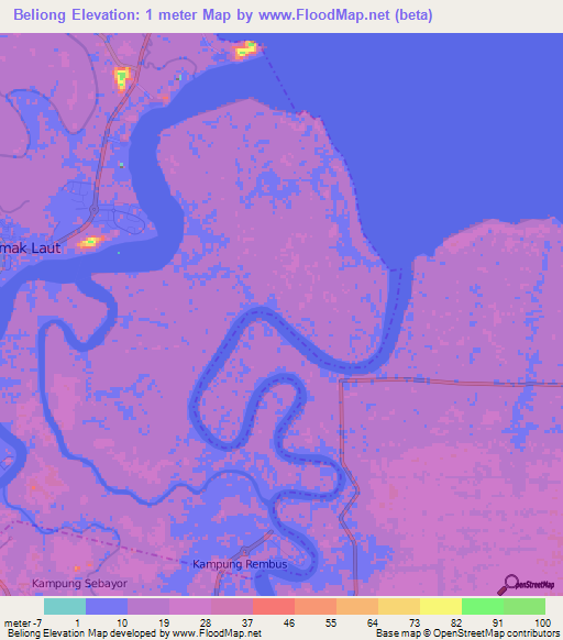 Beliong,Malaysia Elevation Map