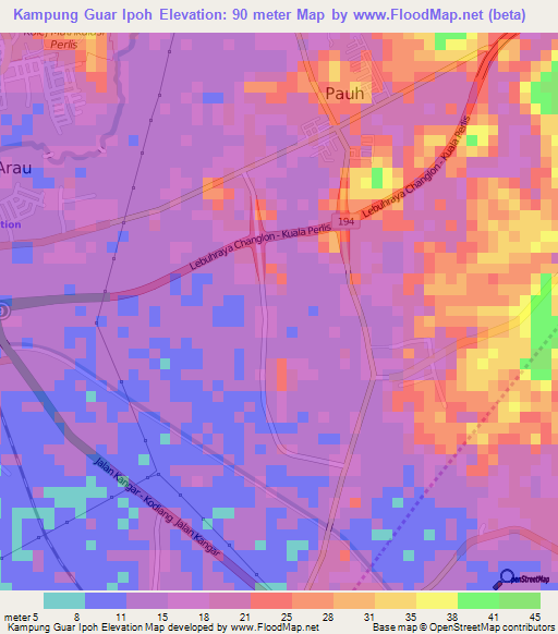 Kampung Guar Ipoh,Malaysia Elevation Map