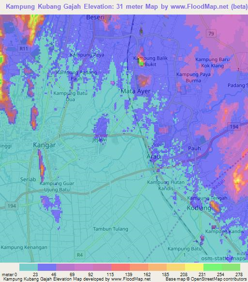 Kampung Kubang Gajah,Malaysia Elevation Map