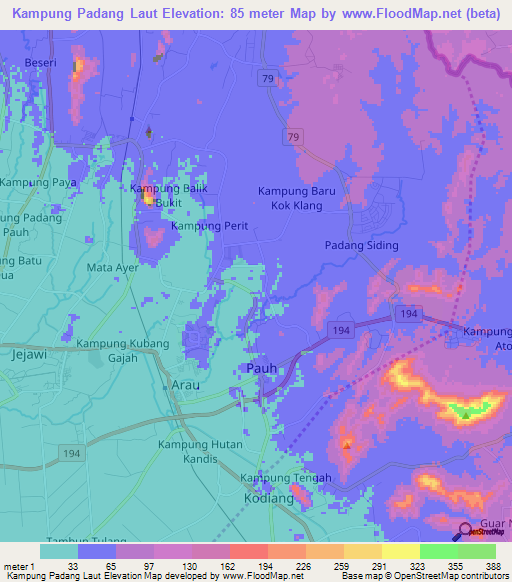 Kampung Padang Laut,Malaysia Elevation Map