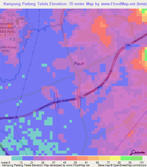 Kampung Padang Telela,Malaysia Elevation Map