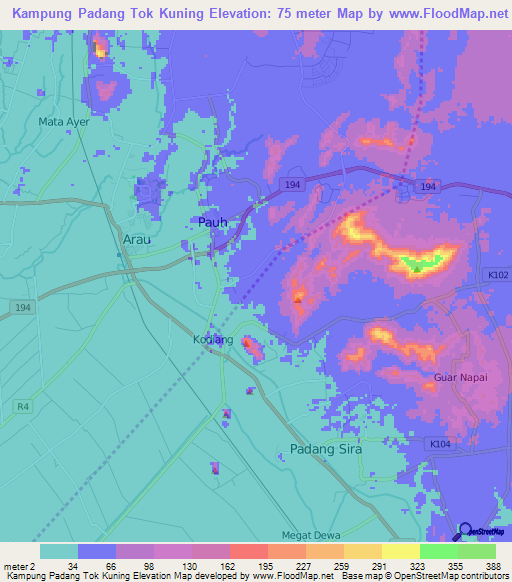 Kampung Padang Tok Kuning,Malaysia Elevation Map